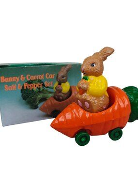 Vintage Bunny & Carrot Car Salt & Pepper Shaker Set W/Original Box